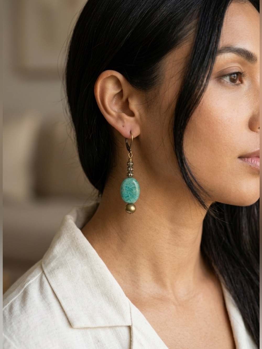 Amazonite Blue Green Stone Oval Dangle Earrings Antiqued Brass Boho Artisan Drop - Picture 3 of 3